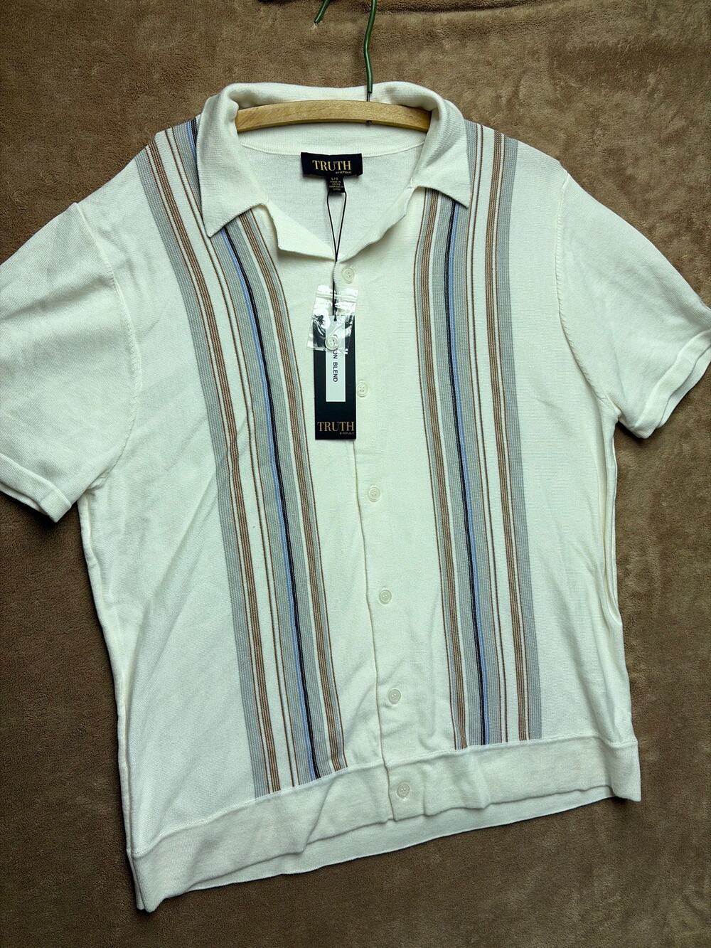 TRUTH By Republic Men's Size L Vertical Stripe Sweater Polo Knit Shirt Cream